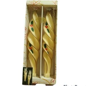 Robert Alan Candle Co Swirl Feather Taper Set Holly Decal On Ivory / Gold Trim